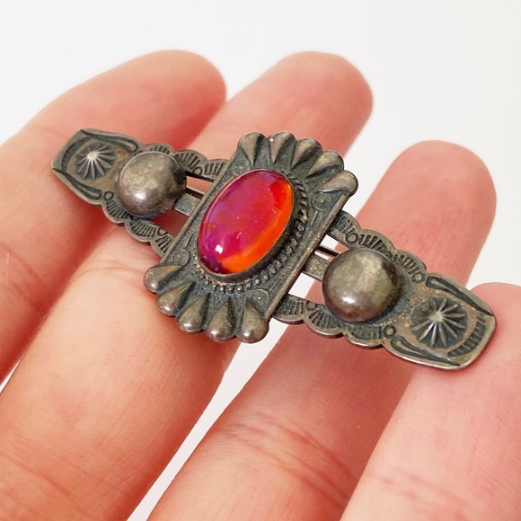 Vintage Navajo dragons breath glass sterling silver old pawn brooch pin - Picture 3 of 7
